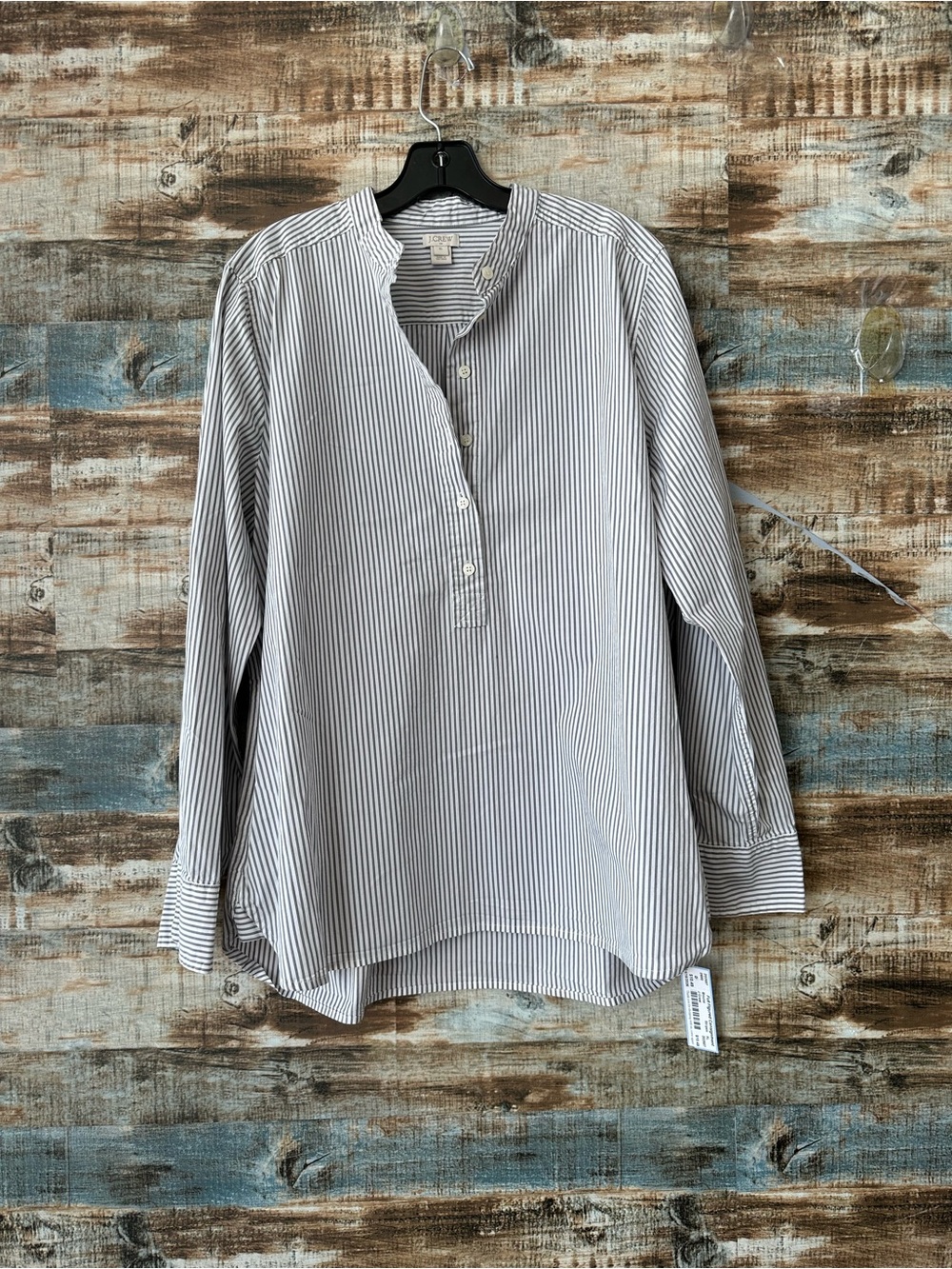 J. Crew tanish and White Vertical-Stripe Band-Collar Shirt